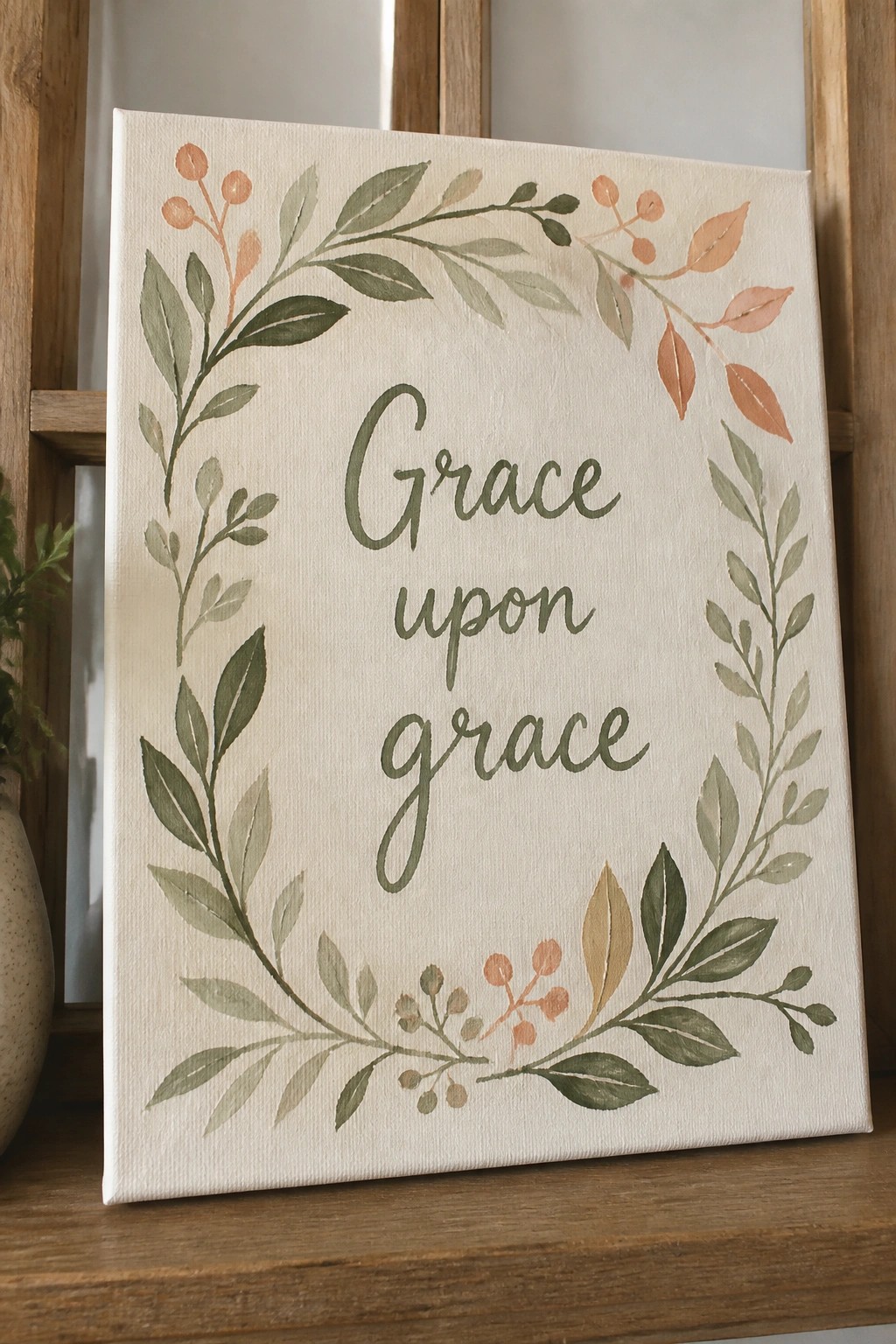 Canvas with watercolor leaf wreath encircling 