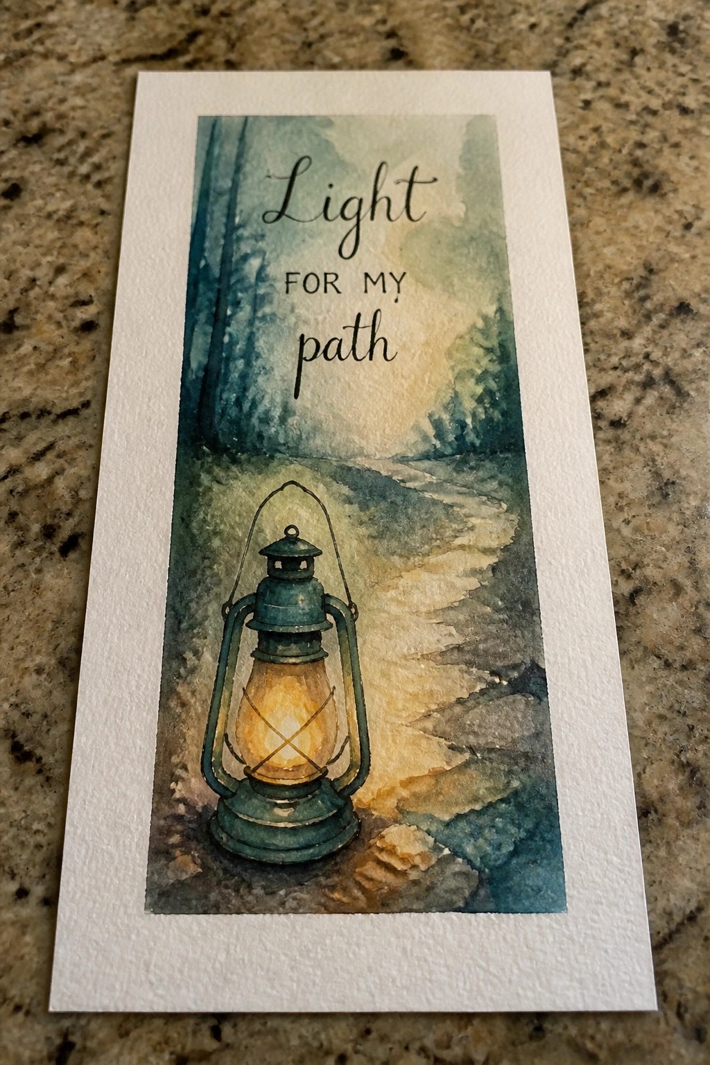 Watercolor of glowing lantern on misty forest path with 