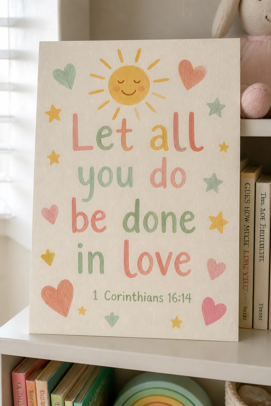 Colorful hand-painted canvas with smiling sun, hearts, and stars around loving quote on shelf.