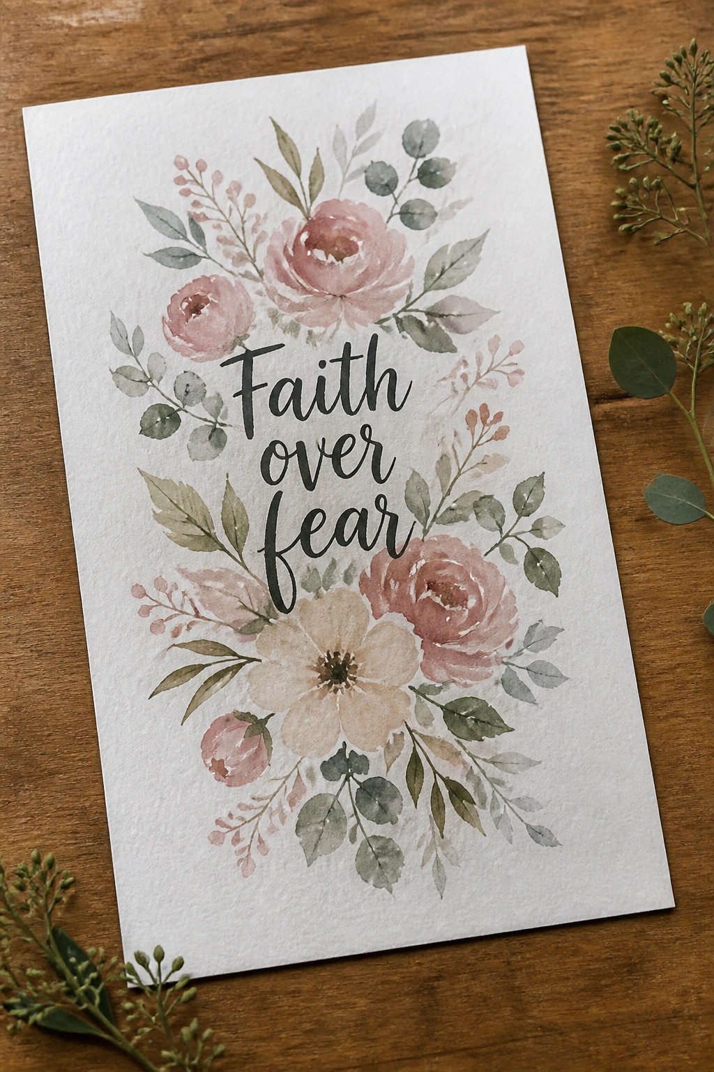 A white canvas displays pink and beige watercolor flowers with green leaves surrounding the black script text 