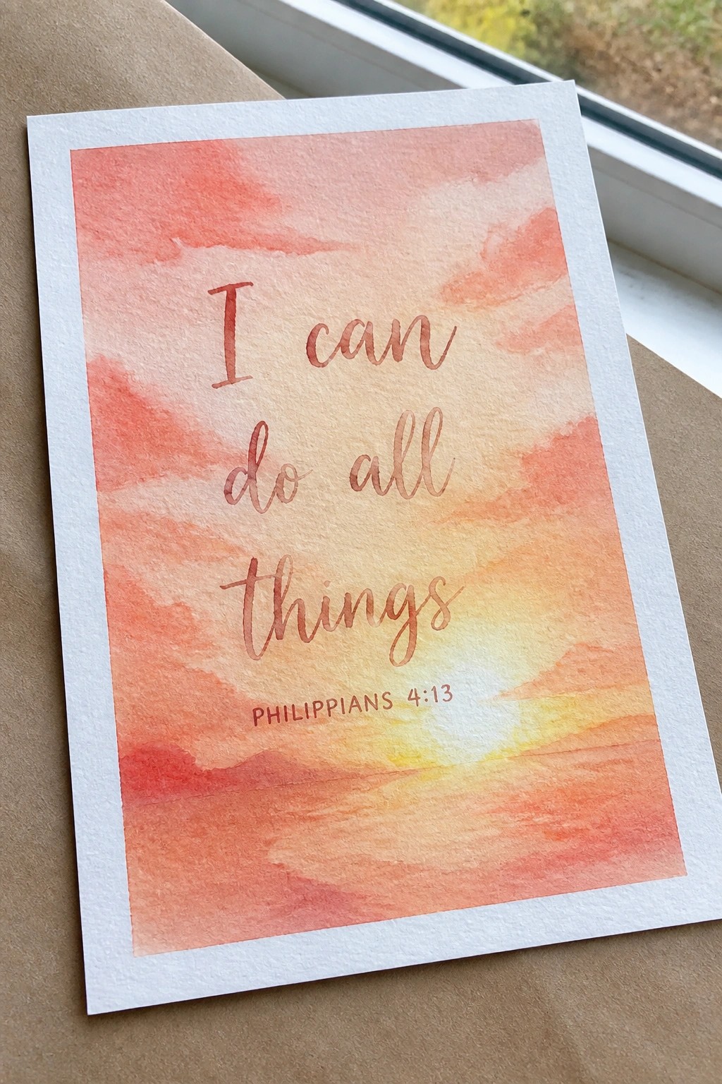 Watercolor card with orange-red sunset and 