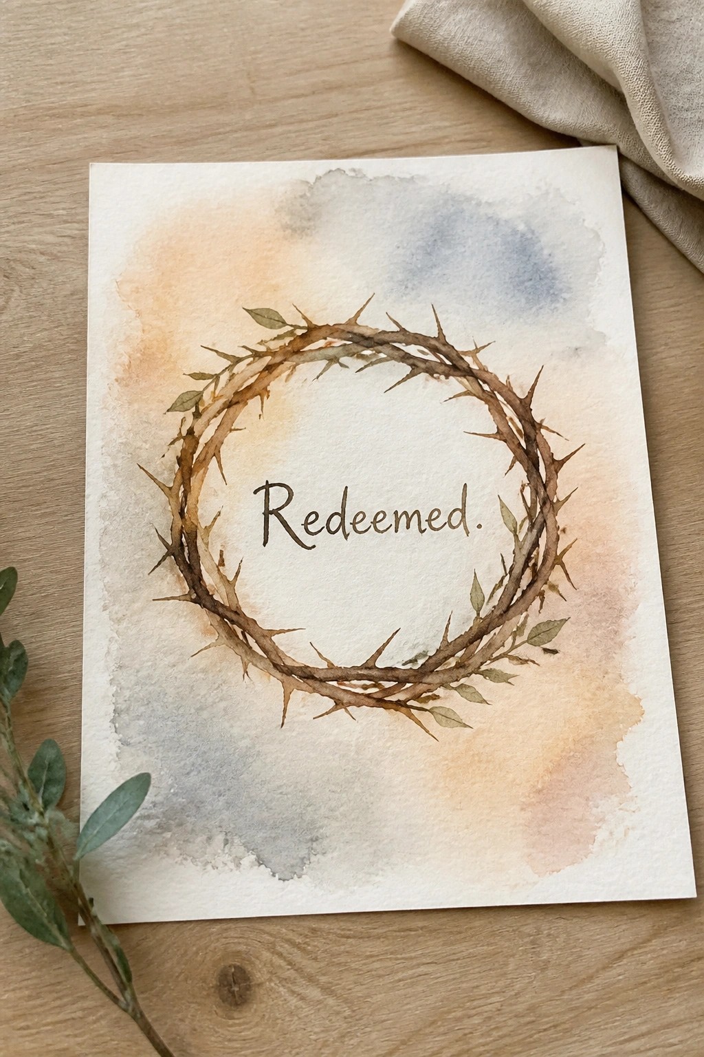Watercolor crown of thorns with Redeemed text on paper over wooden surface