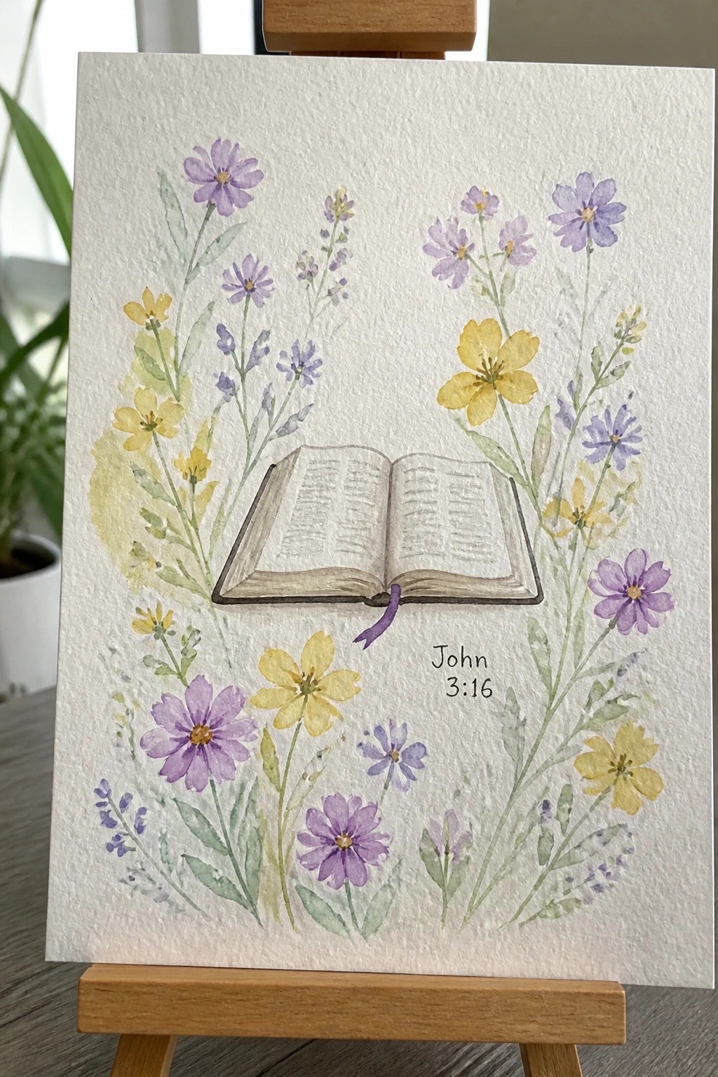 Watercolor painting of open book amid purple and yellow flowers, labeled John 3:16 on easel.