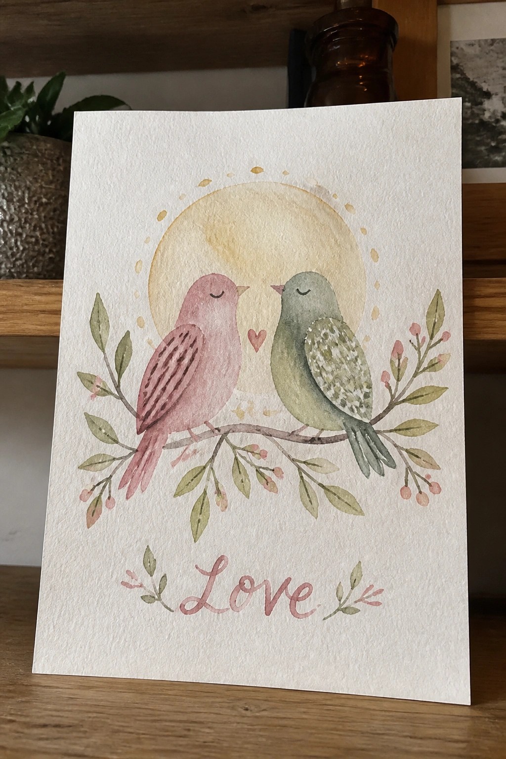Watercolor of pink and green birds on a branch under a yellow moon with