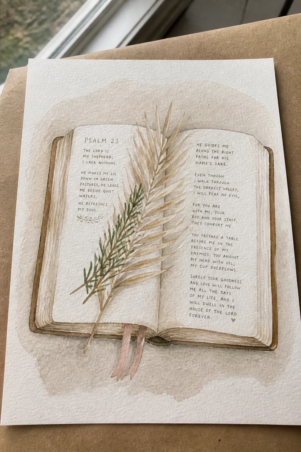 Watercolor of open book with Psalm 23 text and dried leaves on pages.