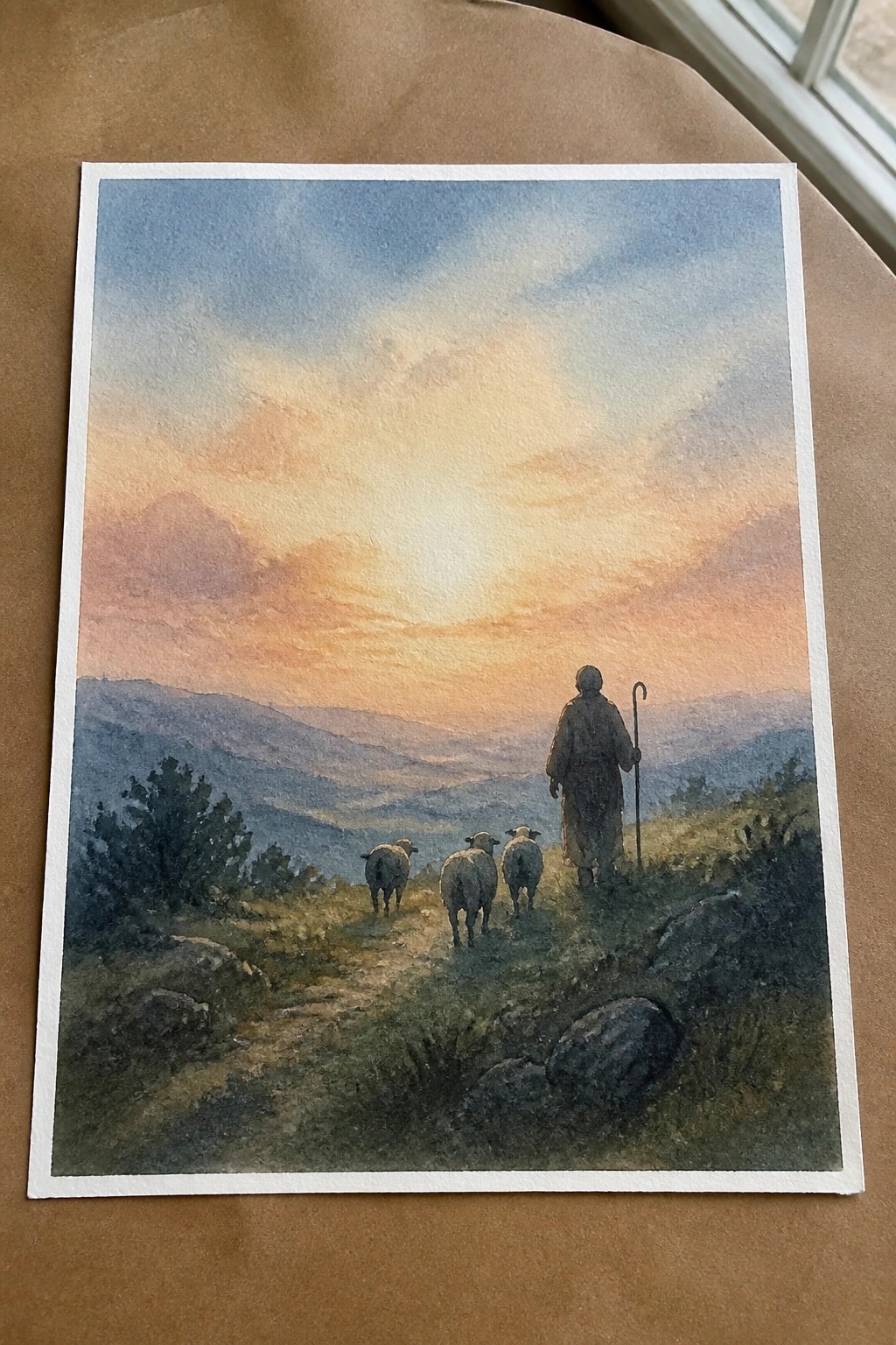 Watercolor of robed shepherd with staff leading three sheep on path in sunset mountains.