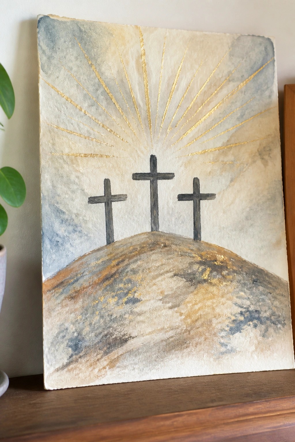 Three crosses on a hill with golden sun rays in a watercolor painting