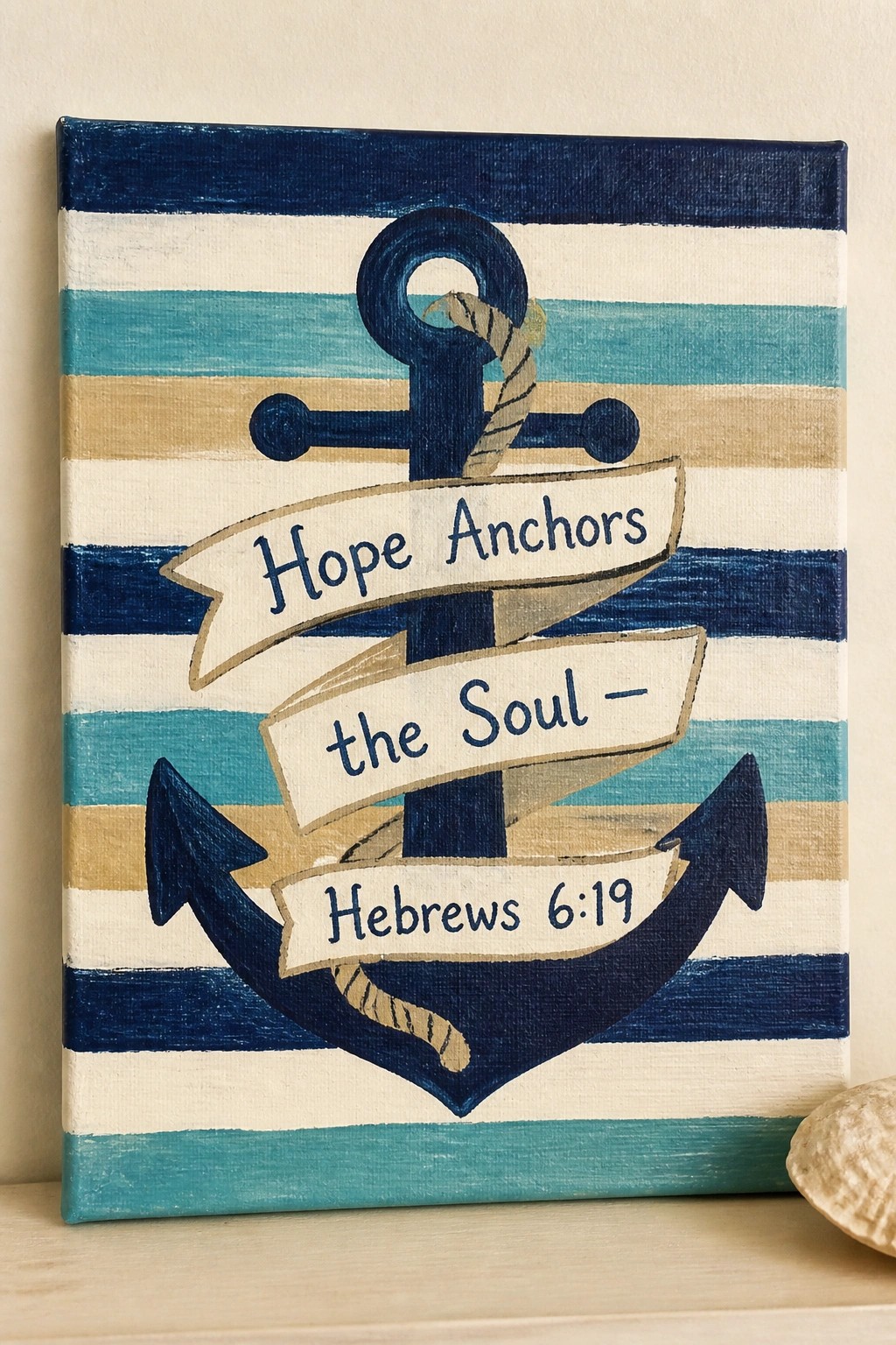 Striped canvas painting of blue anchor with rope and biblical verse banners