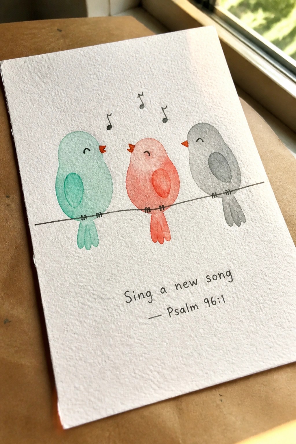 Watercolor of three pastel birds on a wire with notes and 