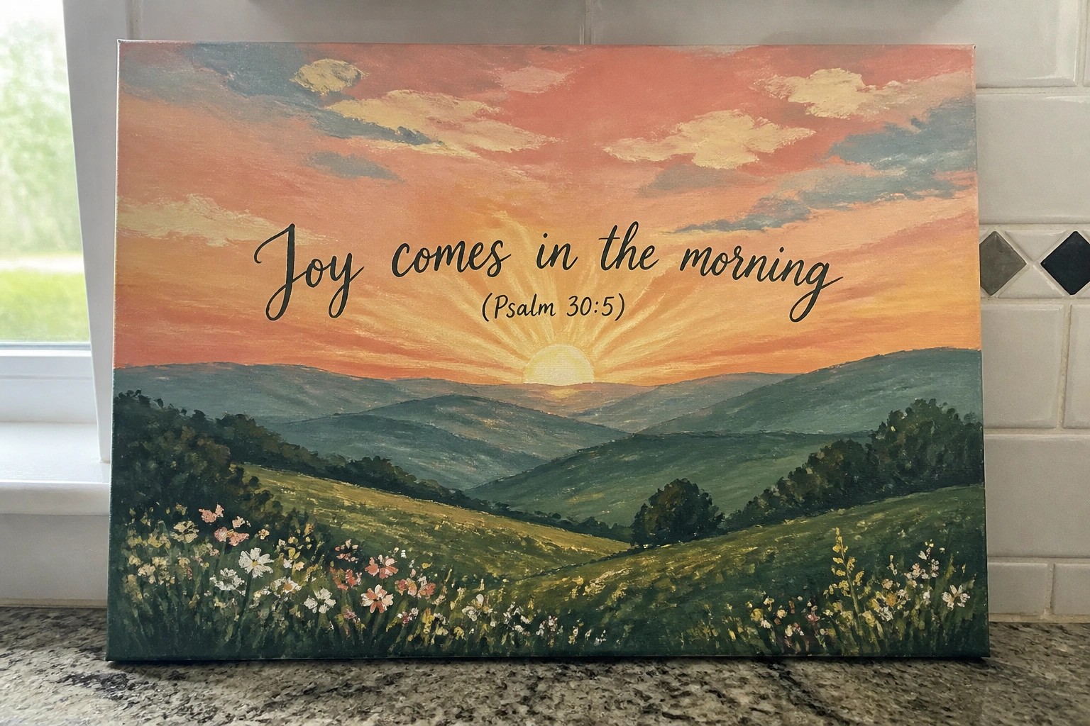Vibrant sunrise landscape painting with rolling hills, wildflowers, and cursive text quote