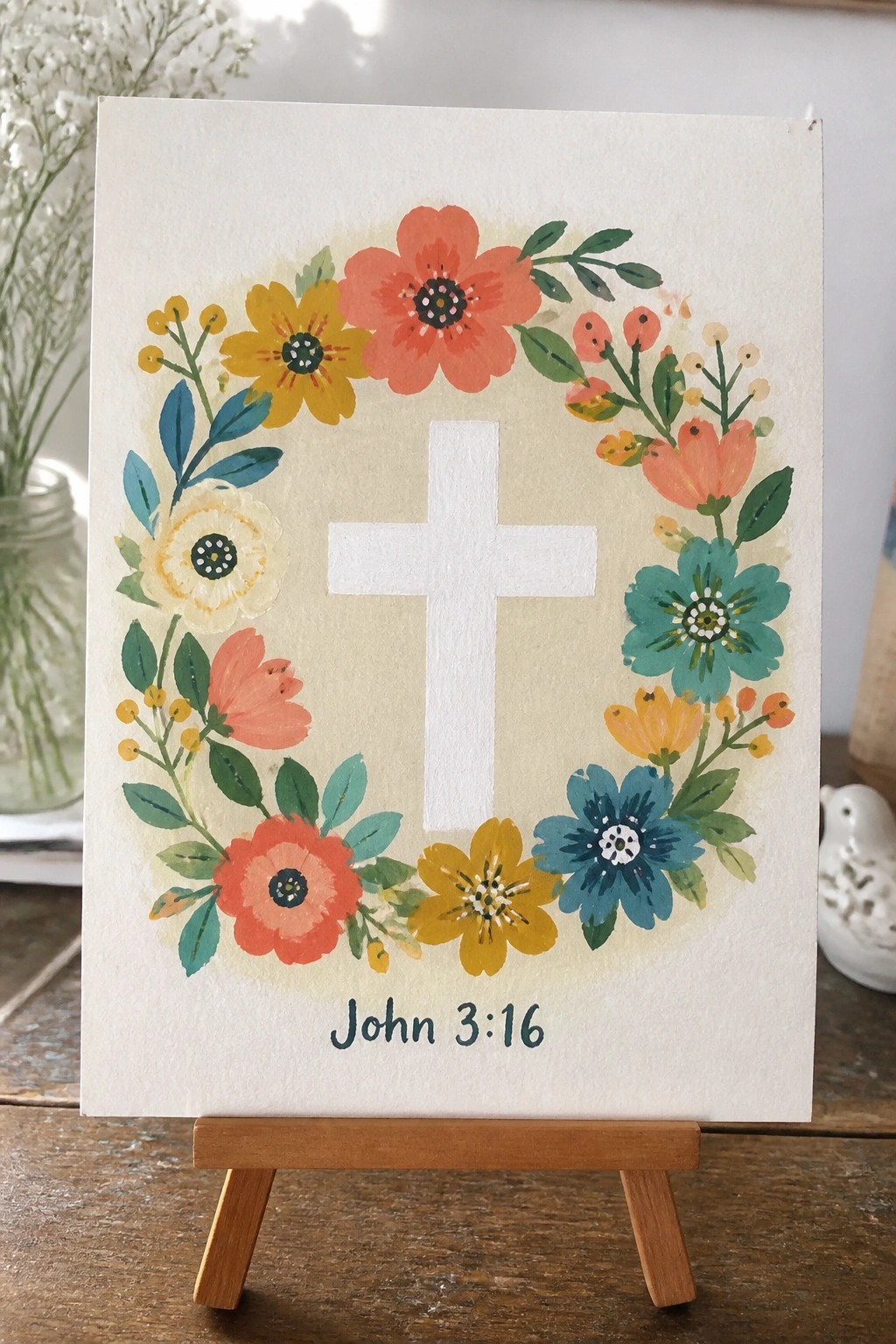 Watercolor floral wreath with white cross and John 3:16 on wooden easel
