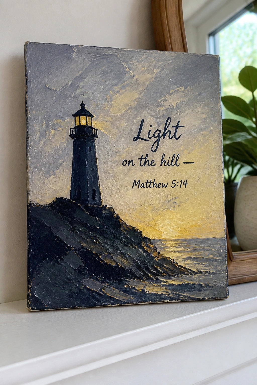 Dark lighthouse on rocky cliff under textured sky with Matthew 5:14 text.