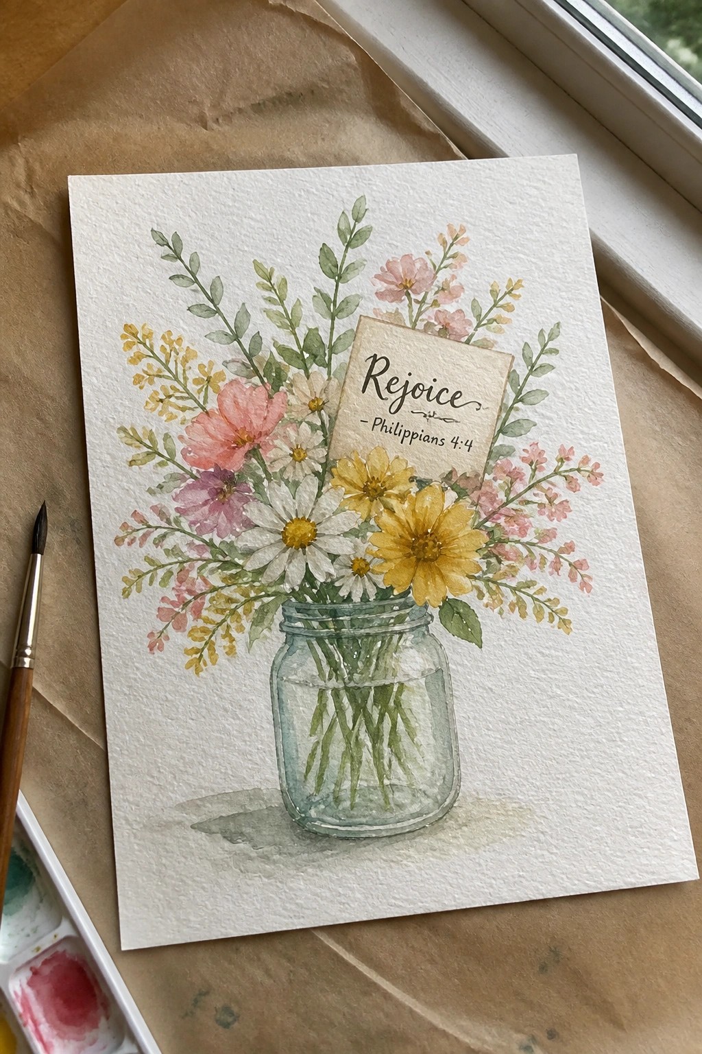Watercolor painting of colorful flowers in a glass mason jar with a small card reading 