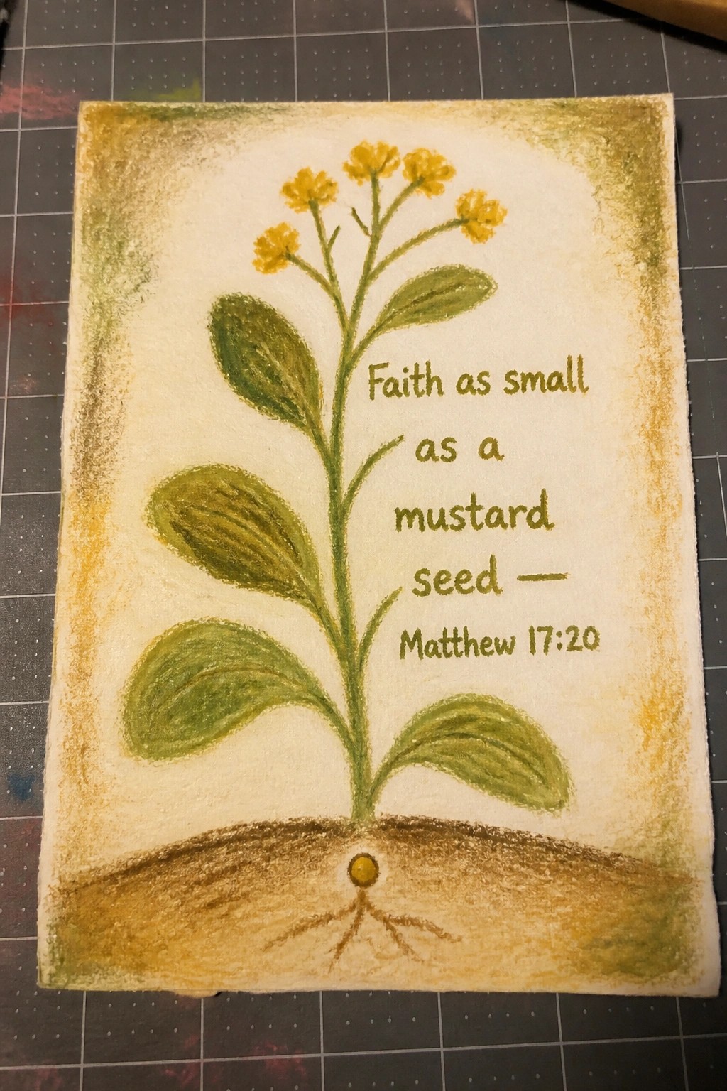 Watercolor painting of mustard plant with yellow flowers, leaves, roots and verse text.