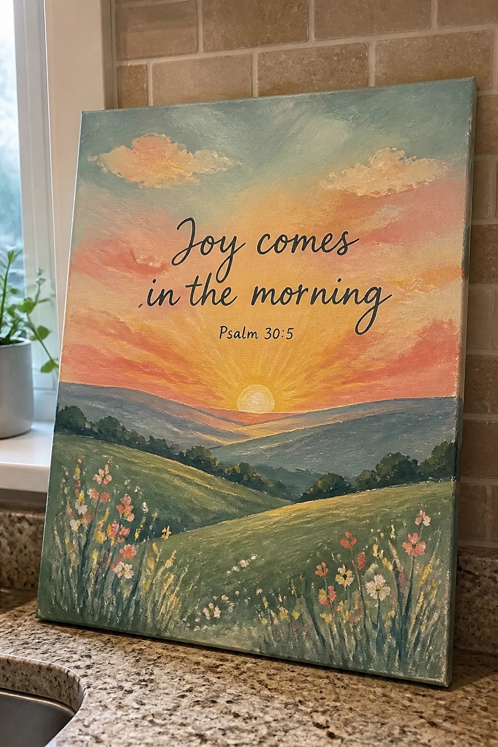 Vibrant sunrise landscape painting with rolling hills, wildflowers, and cursive text quote