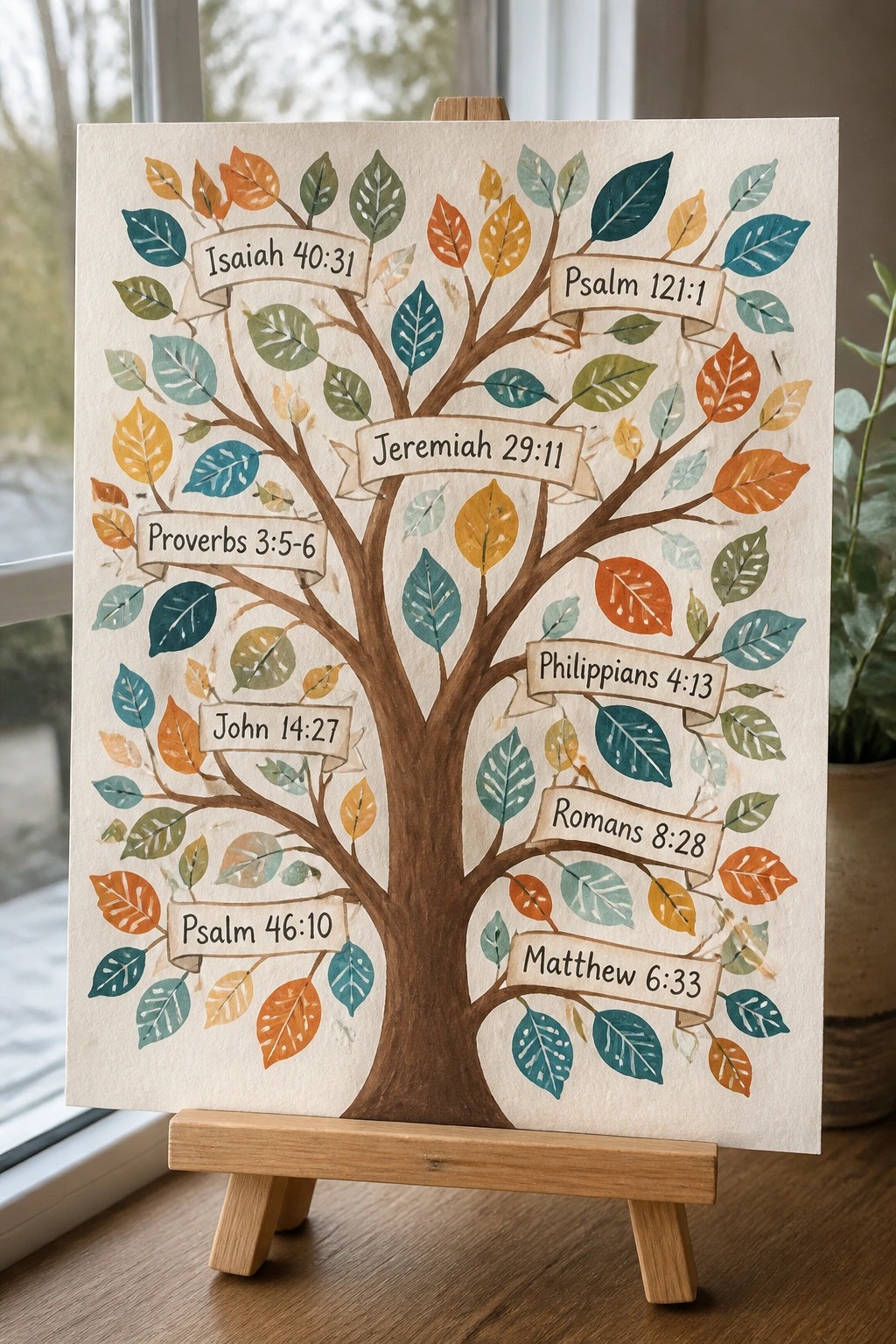 Colorful watercolor tree with Bible verse banners on wooden easel
