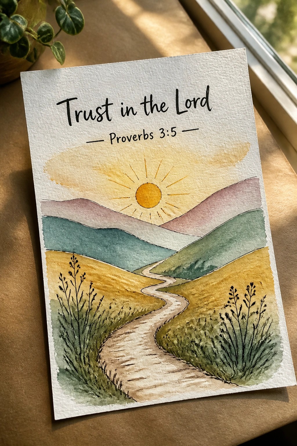 Watercolor of winding path amid colorful hills beneath sun and Trust in the Lord verse