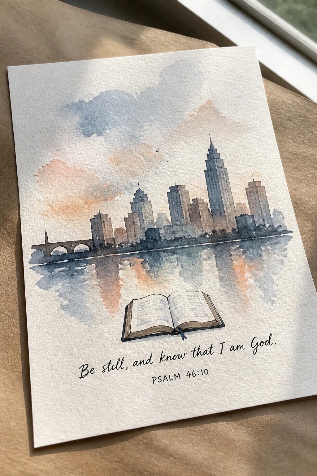 Watercolor city skyline with bridge and reflections above open book and Psalm 46:10 verse