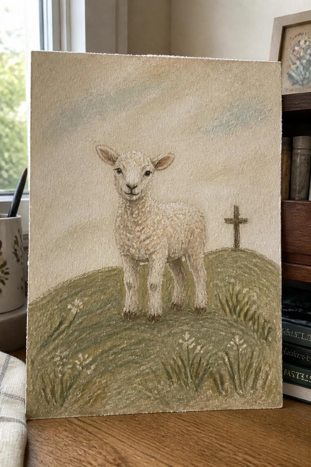 Softly painted white lamb stands on grassy hill beside small wooden cross.