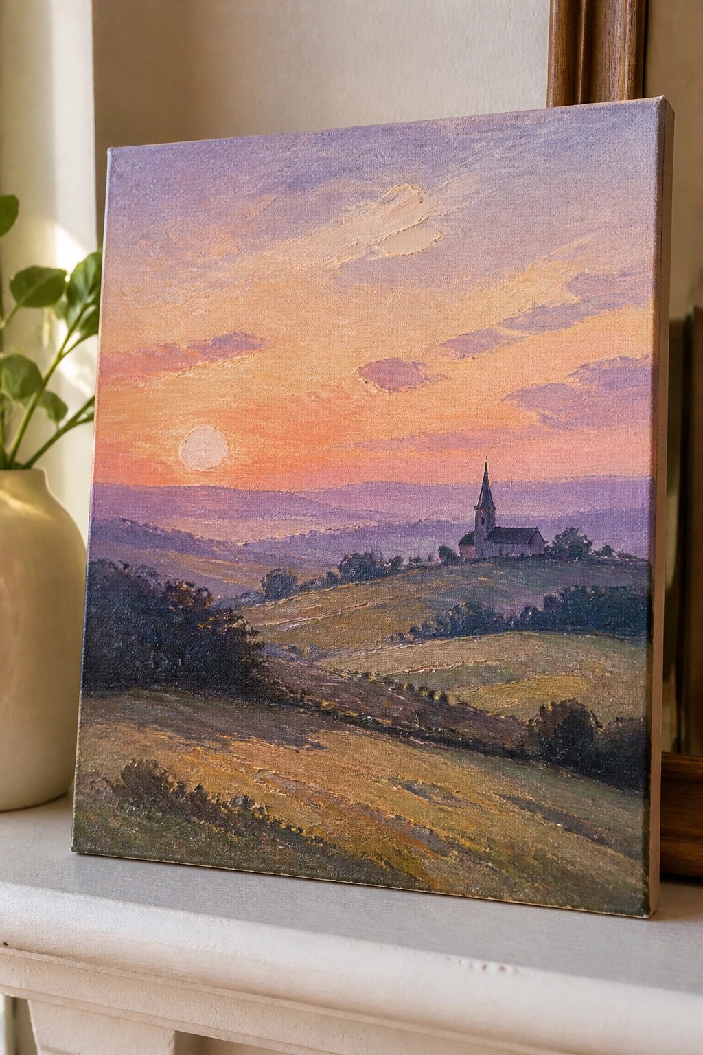 Painting of sunset landscape with church steeple on canvas beside beige vase
