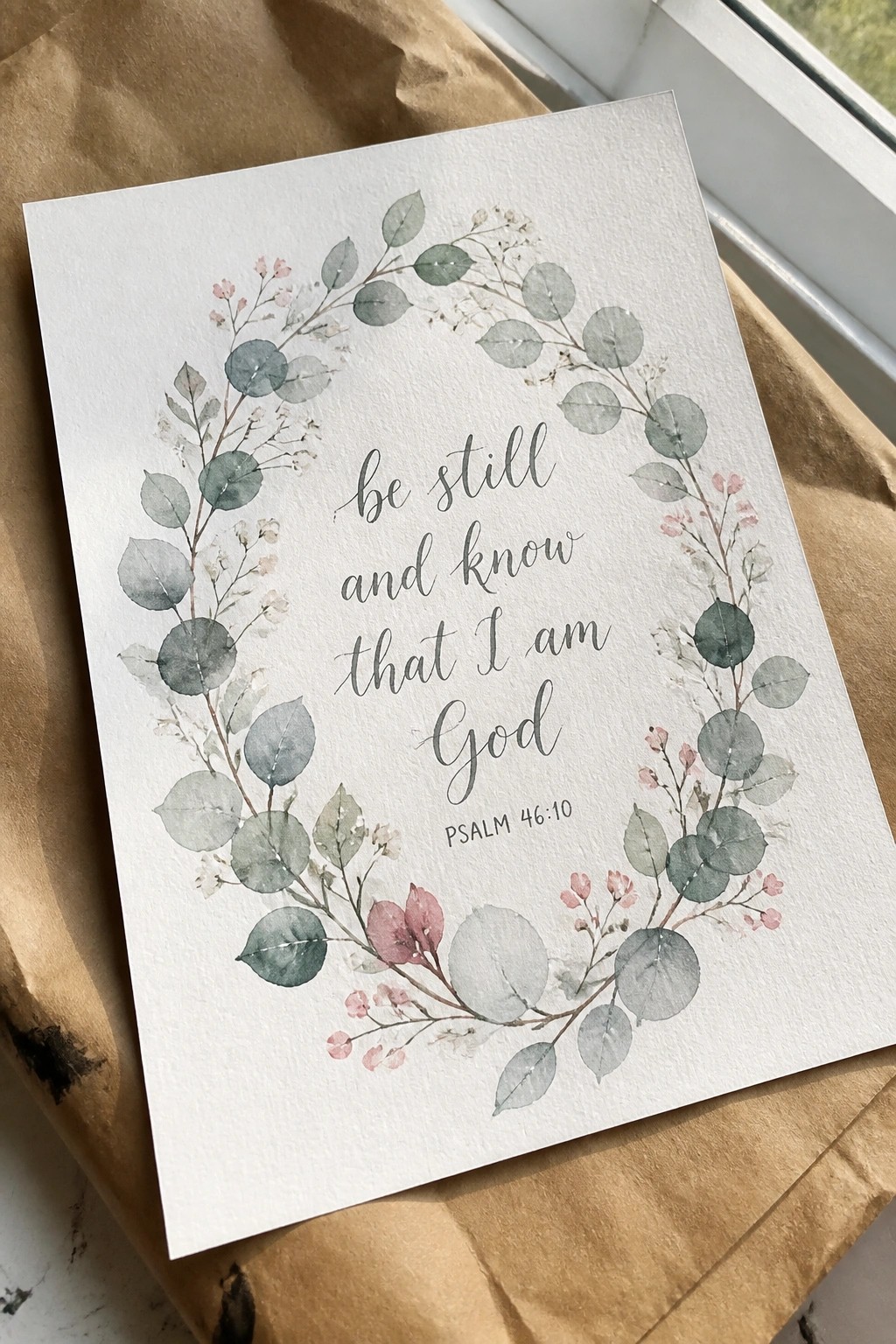 White card with watercolor green leaf wreath and pink flowers around scripture verse