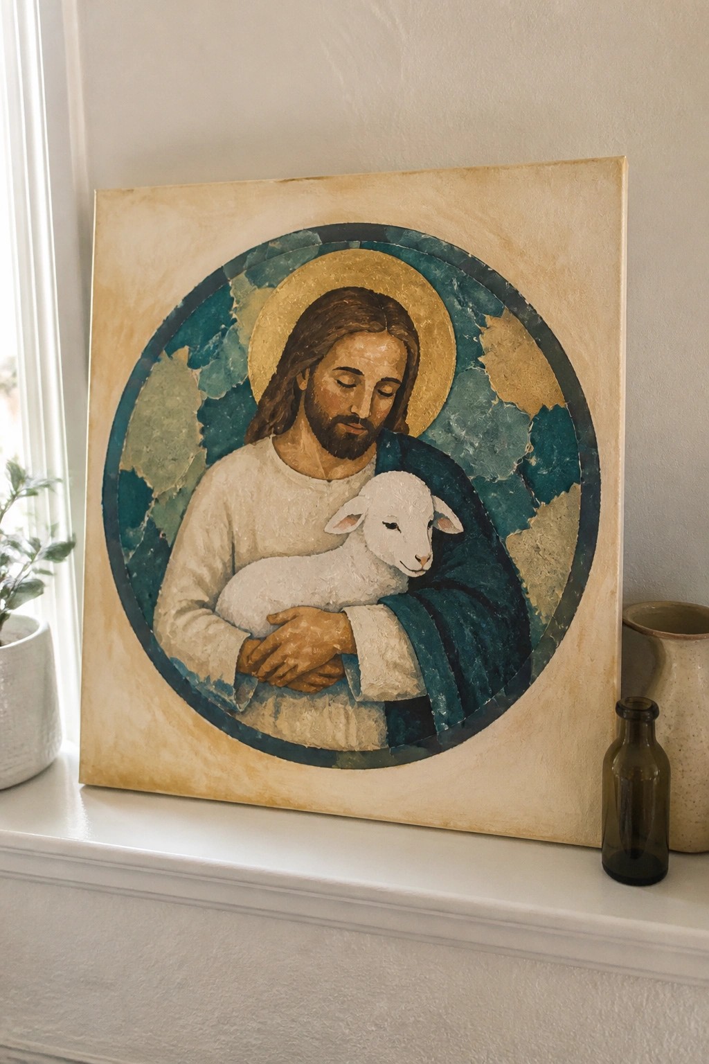 Jesus holding white lamb in teal-gold circular frame on windowsill with vases