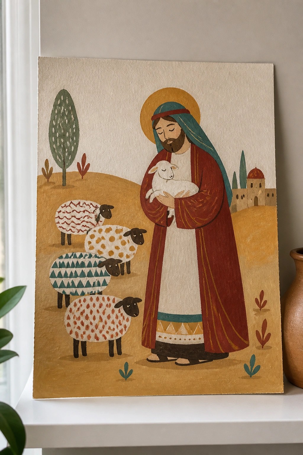 Haloed shepherd in red robe holds lamb beside four patterned sheep on golden hills.