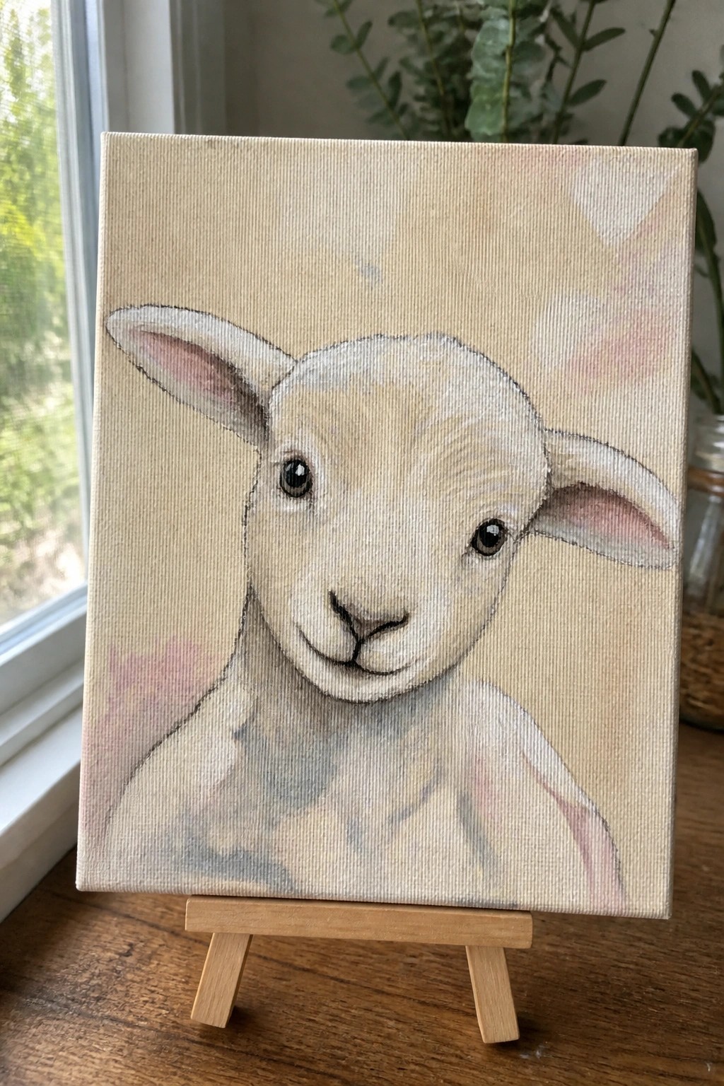 Canvas painting of a lamb on a small wooden easel by a window.