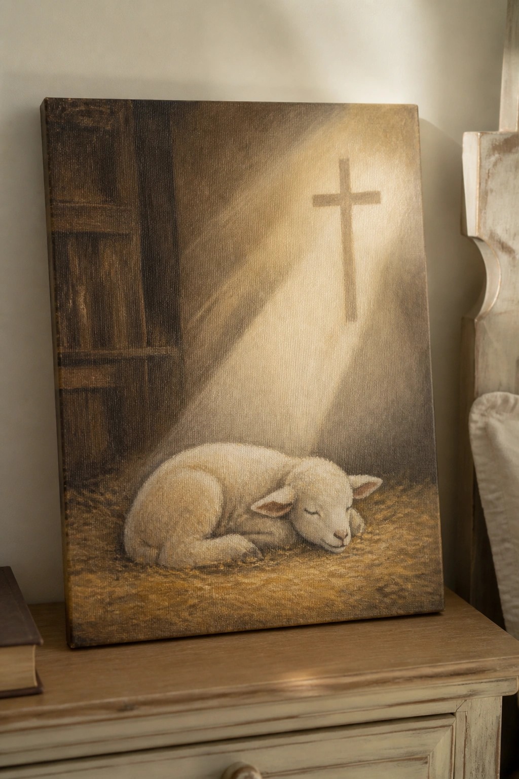 Rustic painting of a sleeping lamb on straw under a glowing cross with light rays