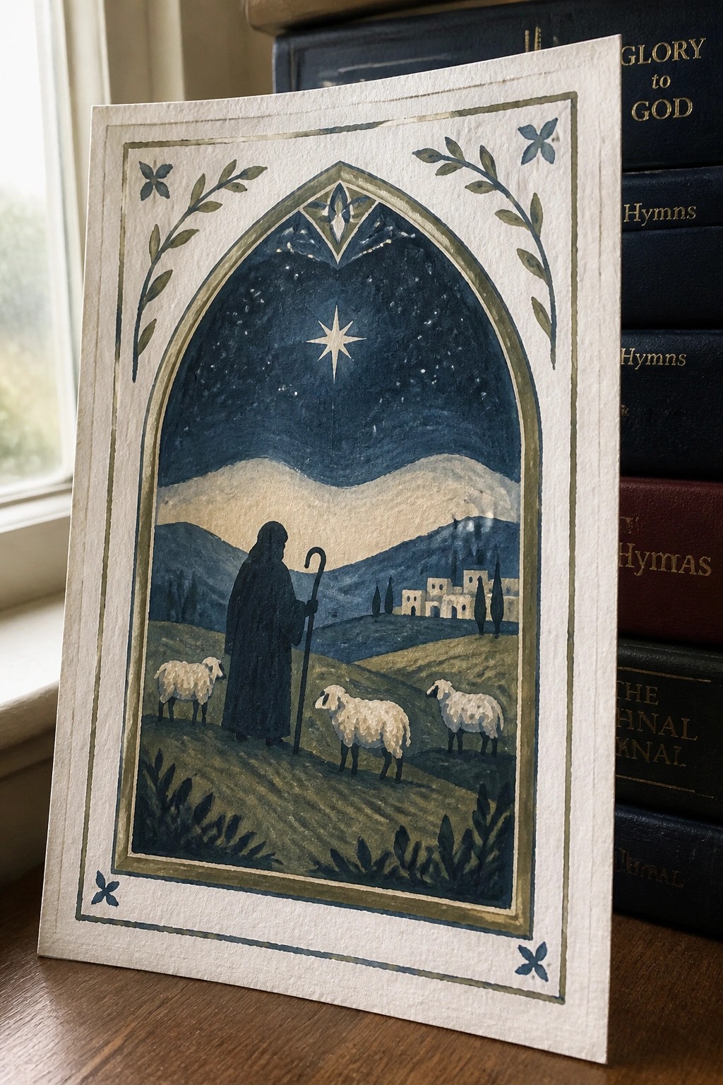 A painting of a shepherd with sheep on hills at night under a starry sky with a bright star, inside a decorative arched frame with leaf borders.