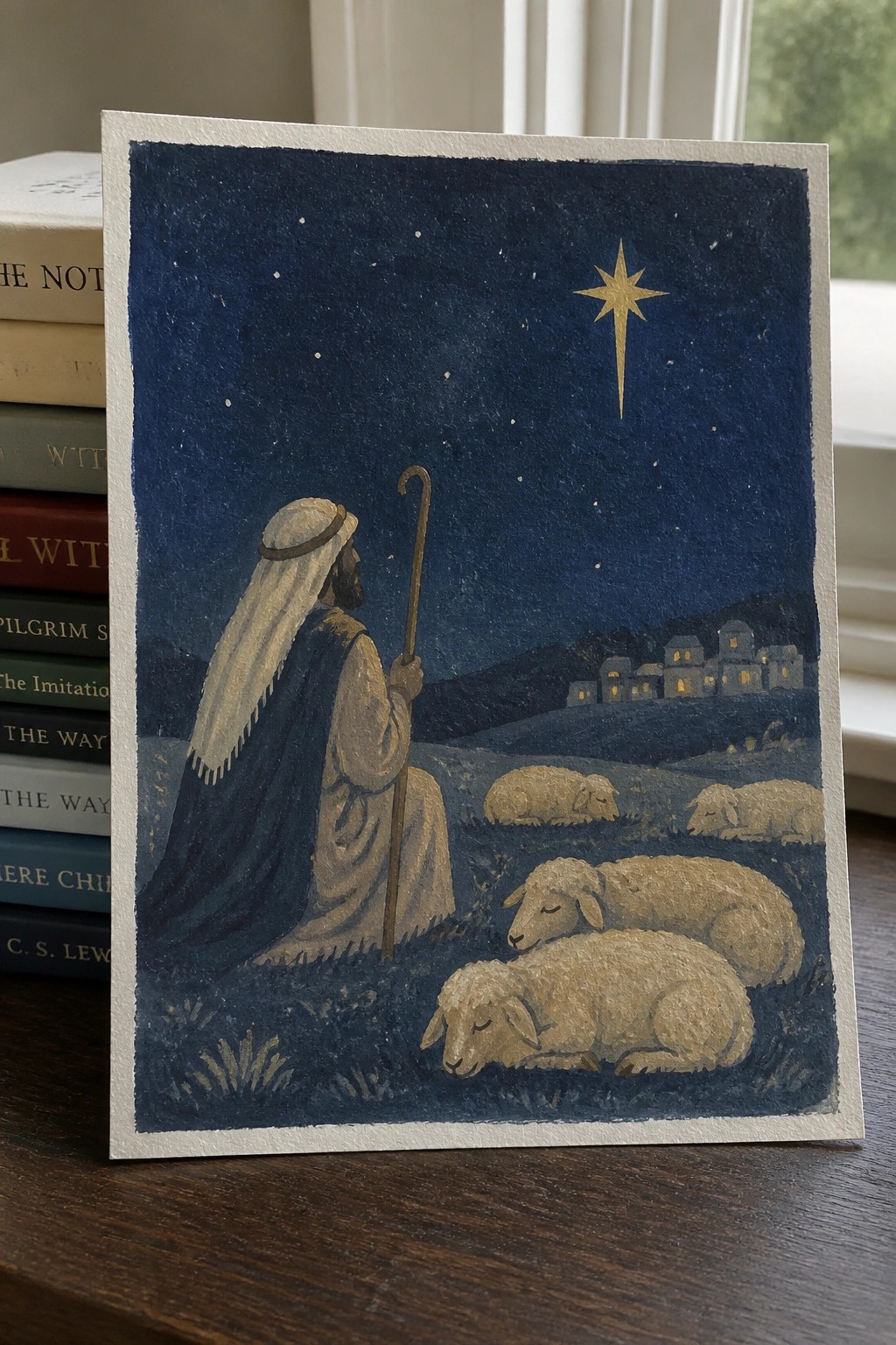 Watercolor of robed shepherd with staff among sleeping sheep under large golden star at night.