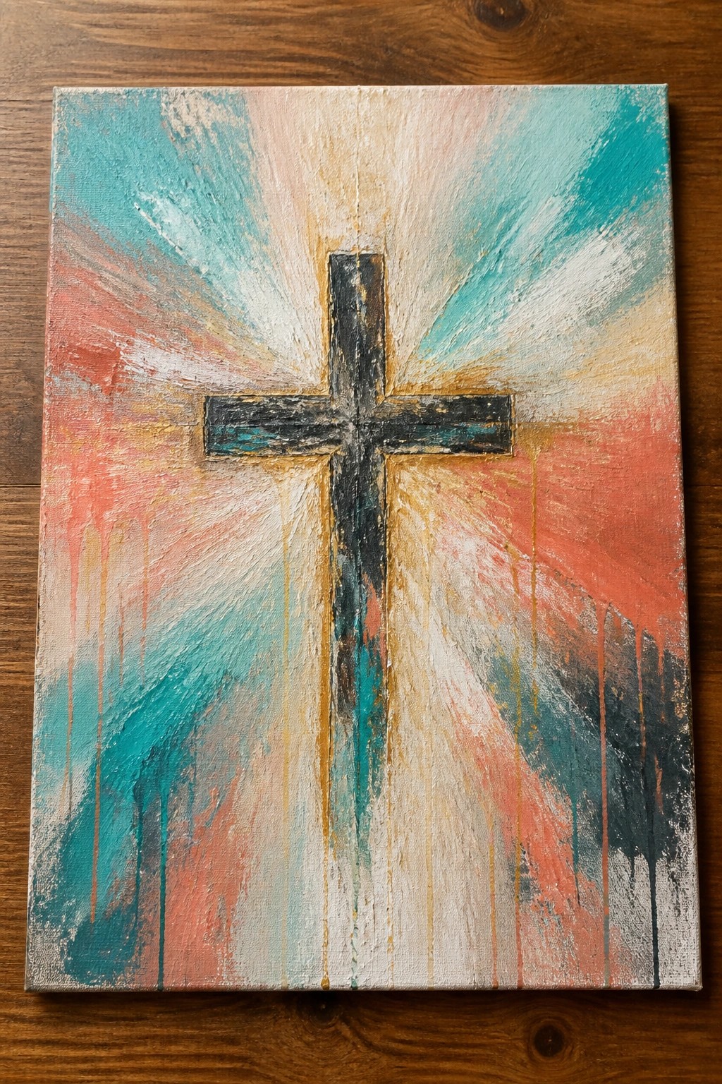 Abstract painting of black cross on canvas with teal coral brushstrokes and drips