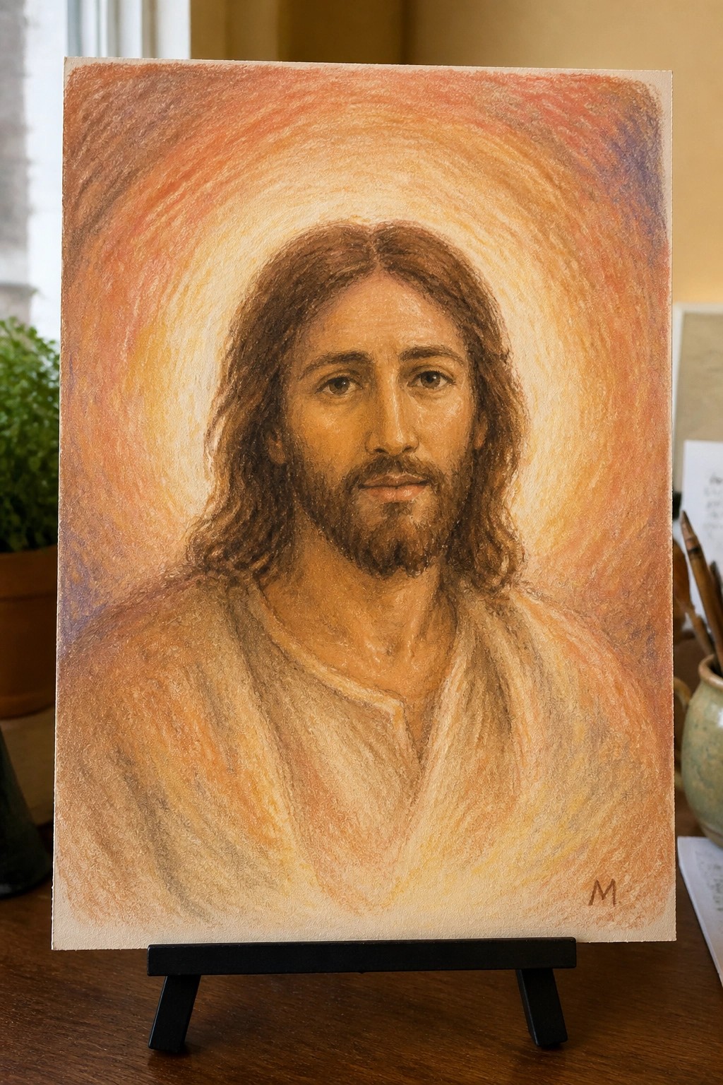 Pastel portrait of Jesus with long hair, beard, white robe, and swirling orange halo on easel