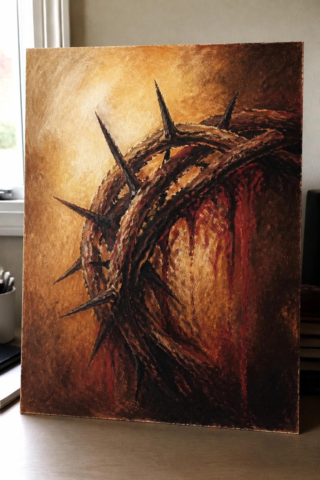 Crown of thorns painting with sharp spikes and dripping red blood on canvas