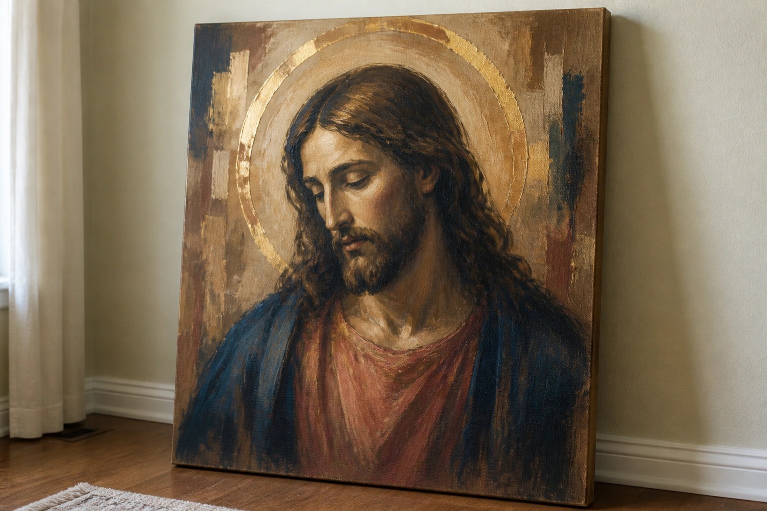 Oil painting of Jesus with long hair, beard, red robe, blue mantle, golden halo.