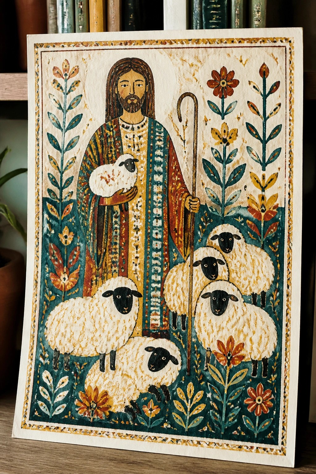 Vibrant folk art of robed shepherd holding lamb and staff amid sheep and flowers