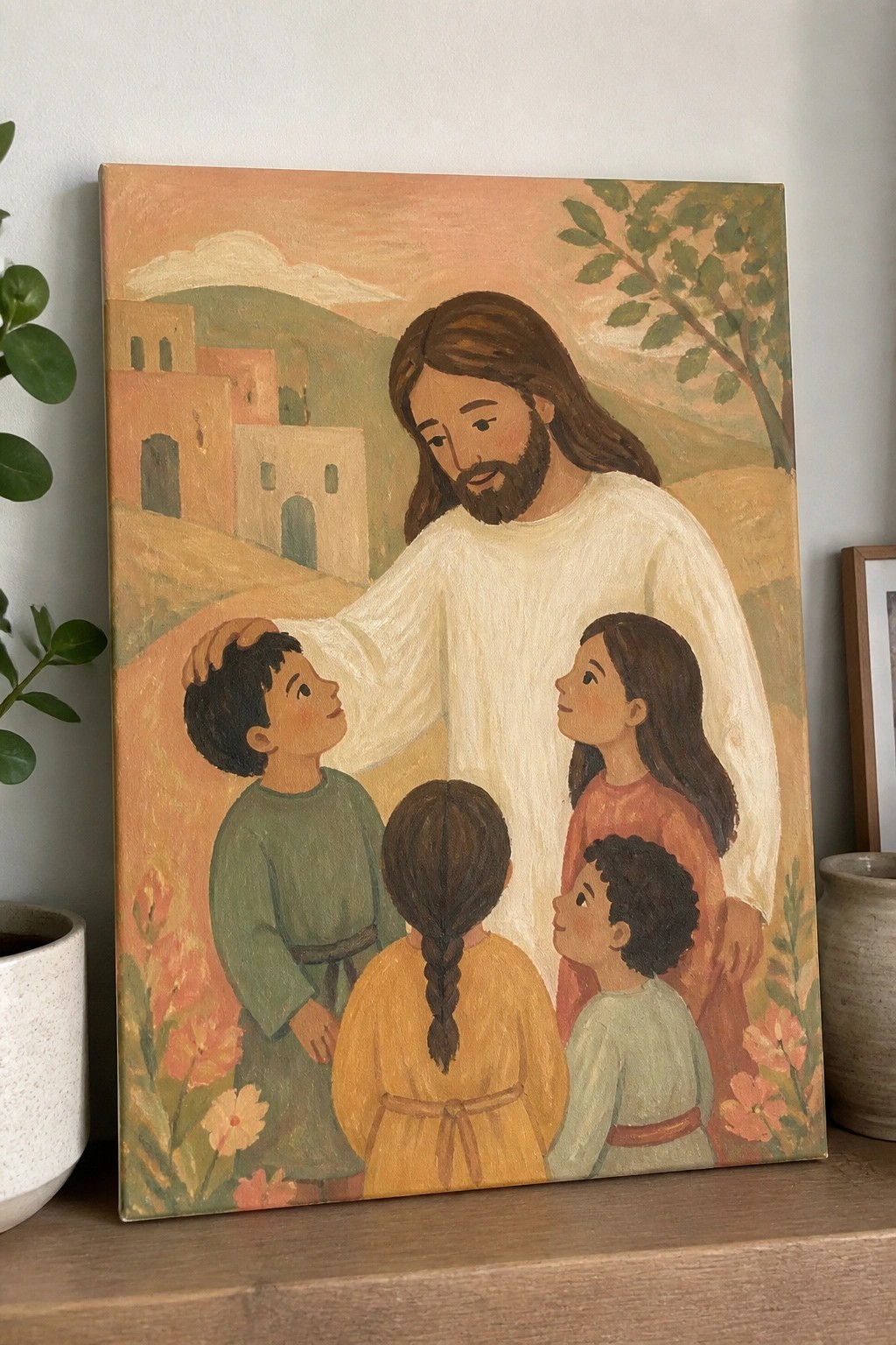 Jesus in white robe blesses four children amid colorful buildings, hills, and flowers.