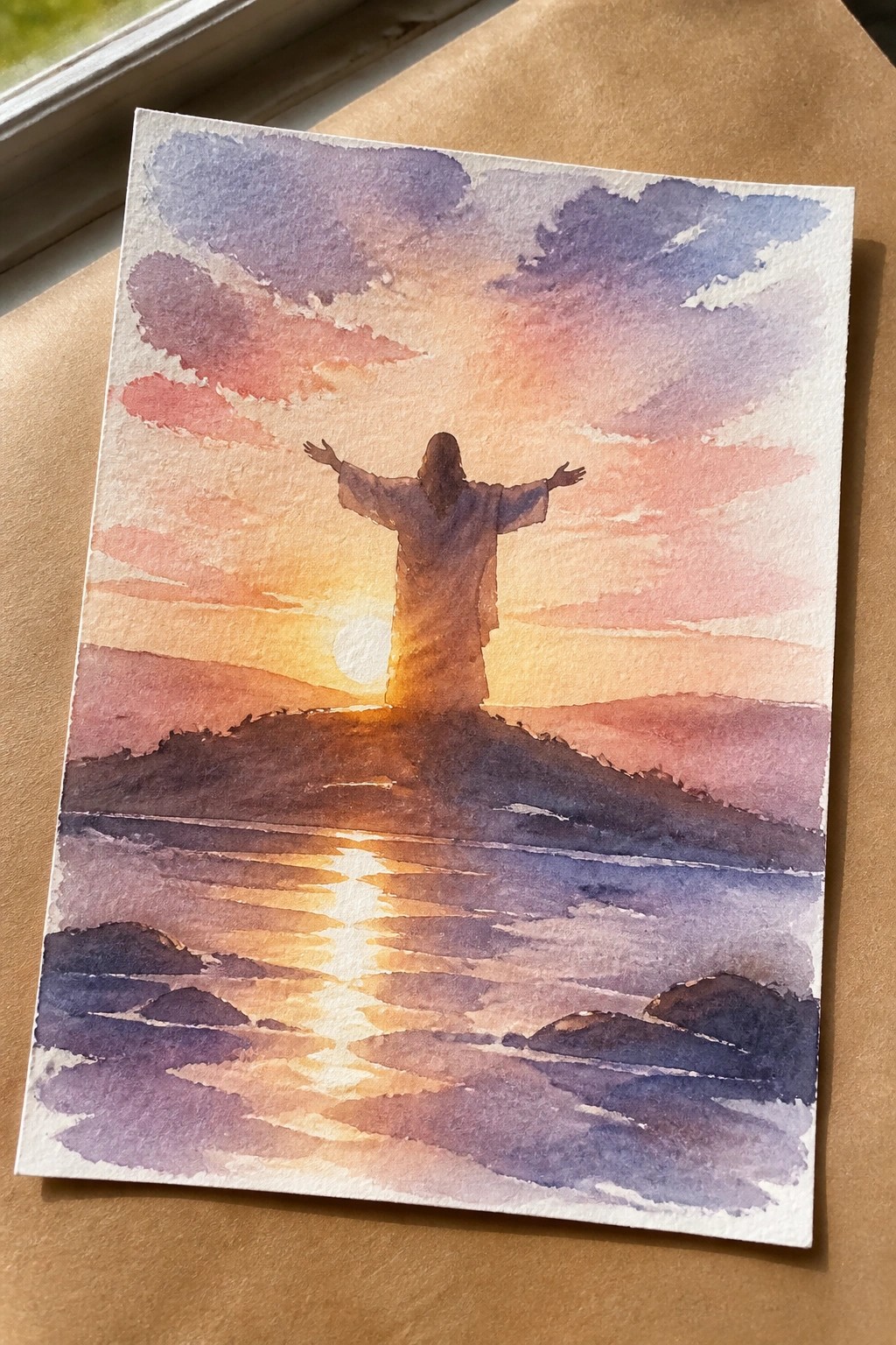 Watercolor of robed figure with arms outstretched at vibrant sunset over reflective water