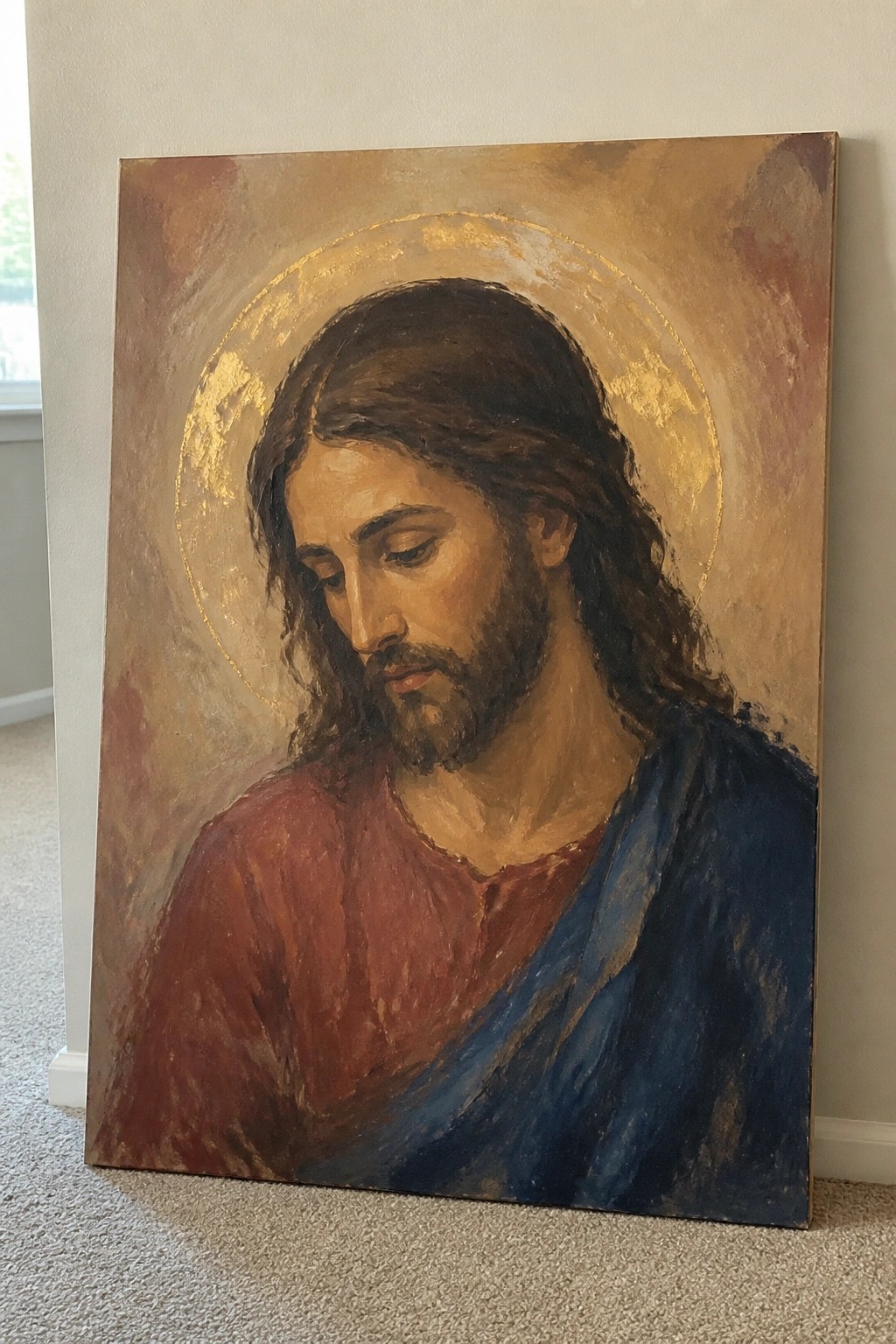 Oil painting of Jesus with long hair, beard, red robe, blue mantle, golden halo.