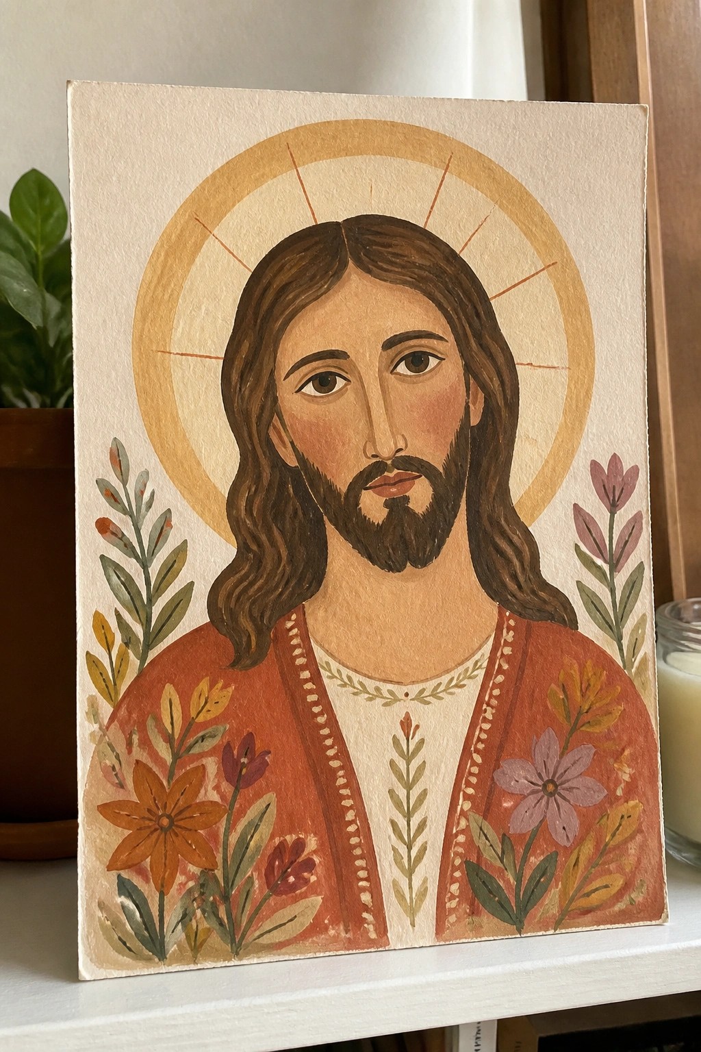 Watercolor portrait of Jesus with long hair, beard, halo, and floral orange robe.