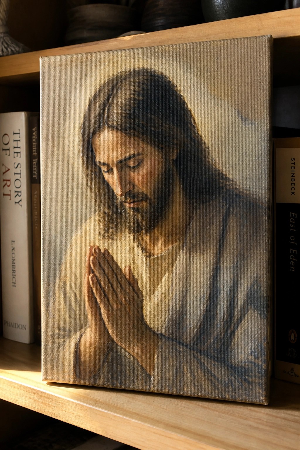 Canvas painting of Jesus in white robe praying with hands together on shelf