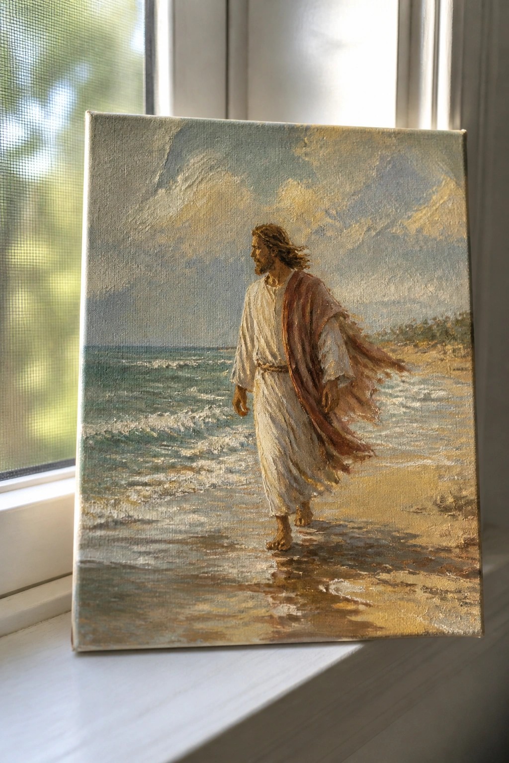 Painting of Jesus in white robe and red cloak walking barefoot along shoreline by sea