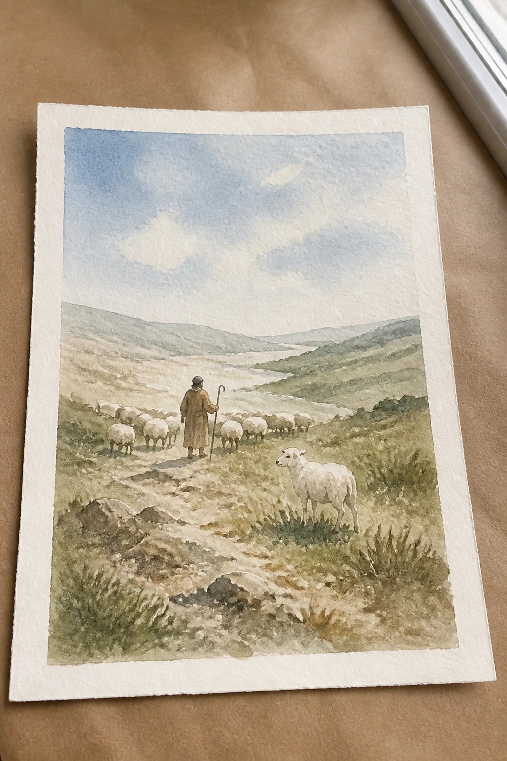 Shepherd in brown coat with staff leads white sheep across green hills in watercolor.