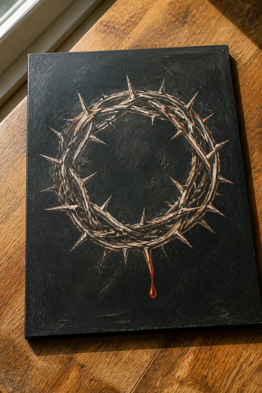 Black canvas painting of crown of thorns with dripping blood on wooden surface