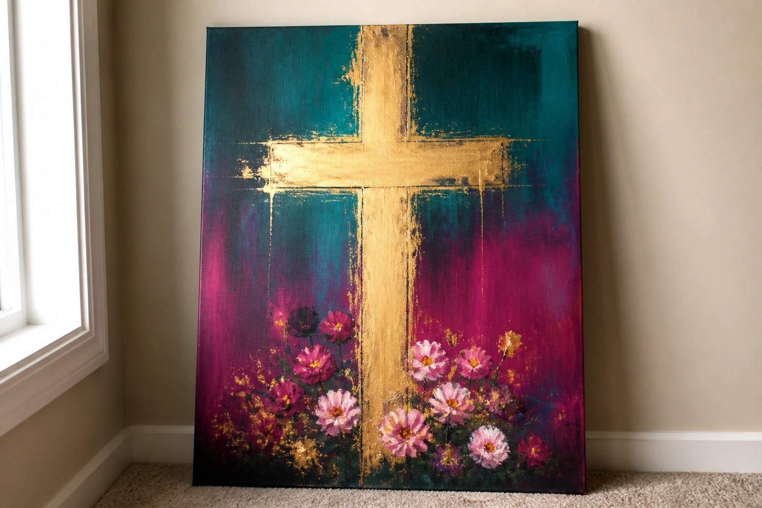 Golden cross on teal-purple gradient with pink and purple flowers at base