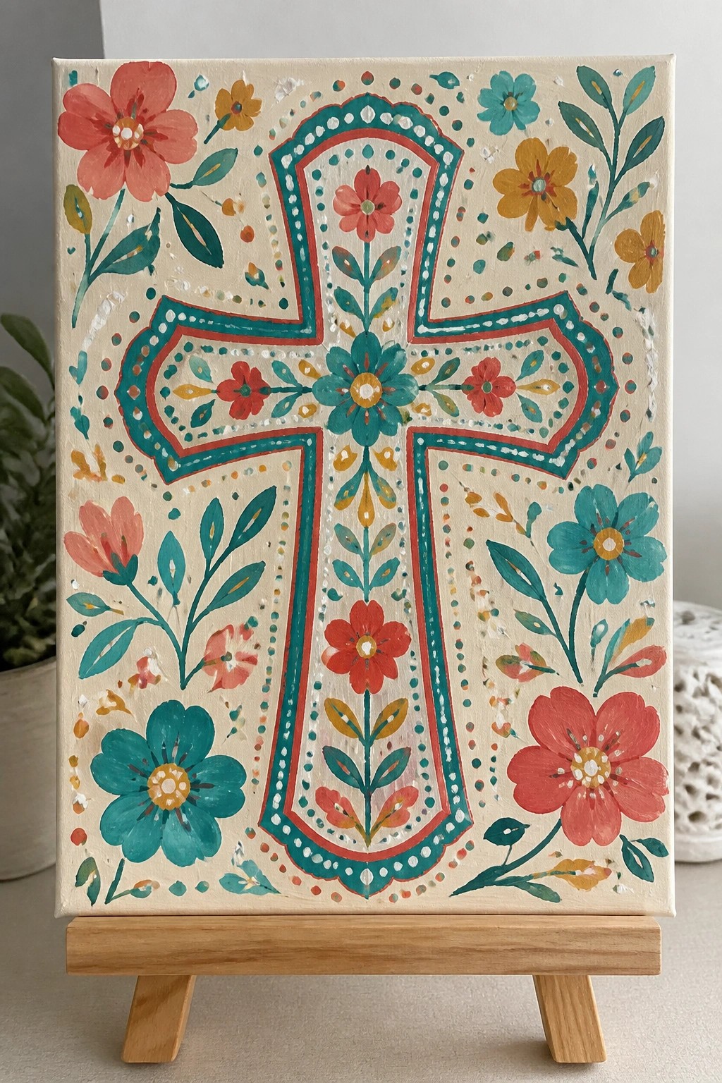 Vibrant floral cross painting on canvas with red teal yellow flowers on easel