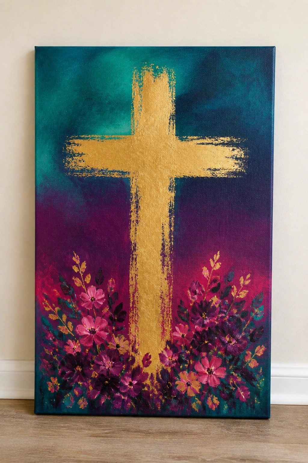 Golden cross on teal-purple gradient with pink and purple flowers at base
