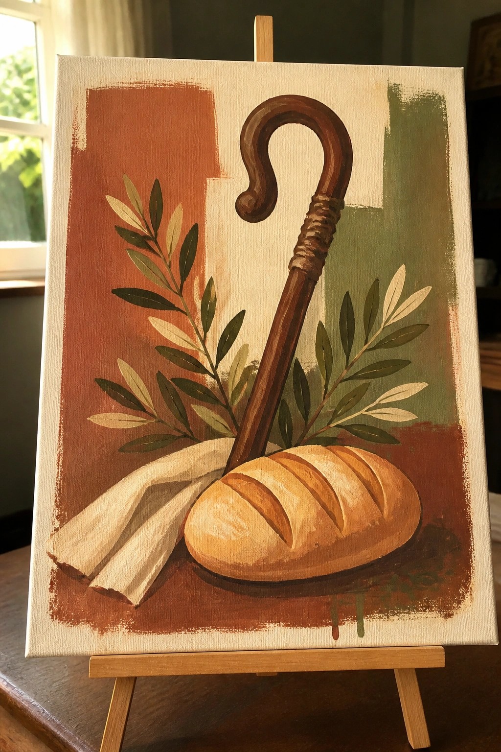 Still life painting of bread loaf, shepherd's crook, olive branches, and cloth on easel.