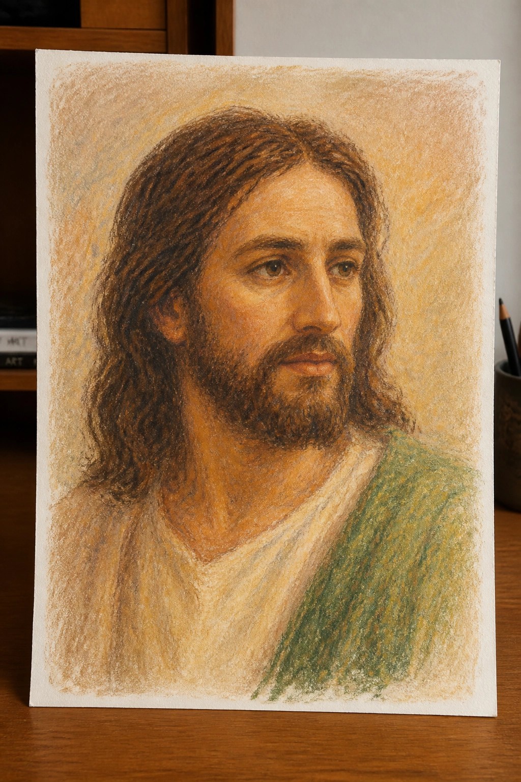Colored pencil portrait of Jesus with long brown hair, beard, in white and green robes.