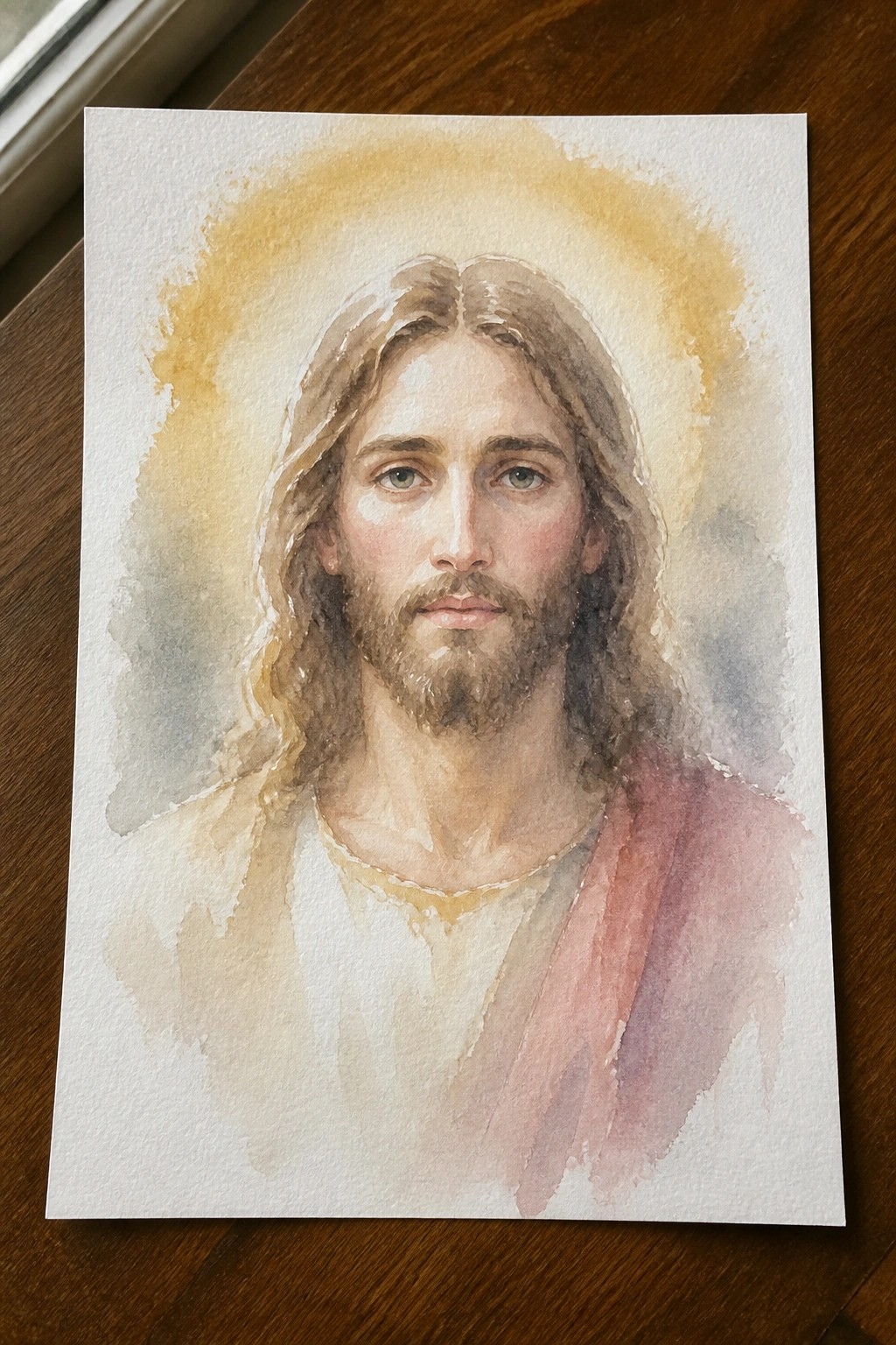 Watercolor portrait of Jesus with long hair, beard, white robe, and golden halo.